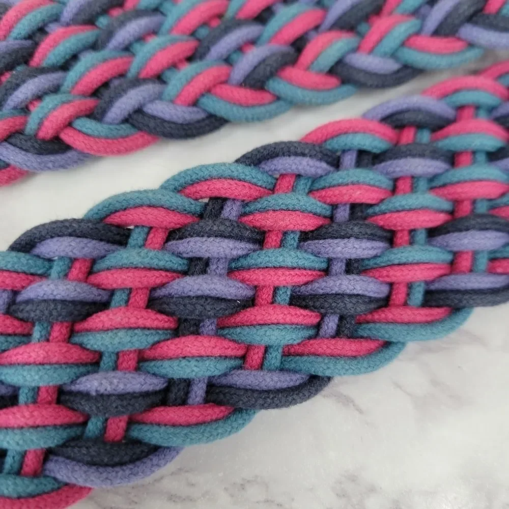 Vintage L.L. Bean Braided Cord Belt Pink Teal Navy Leather Buckle